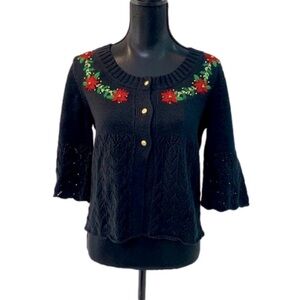 RAMIE Cotton Knit Poinsettia Holiday Black Embellished Sweater Cardigan Large